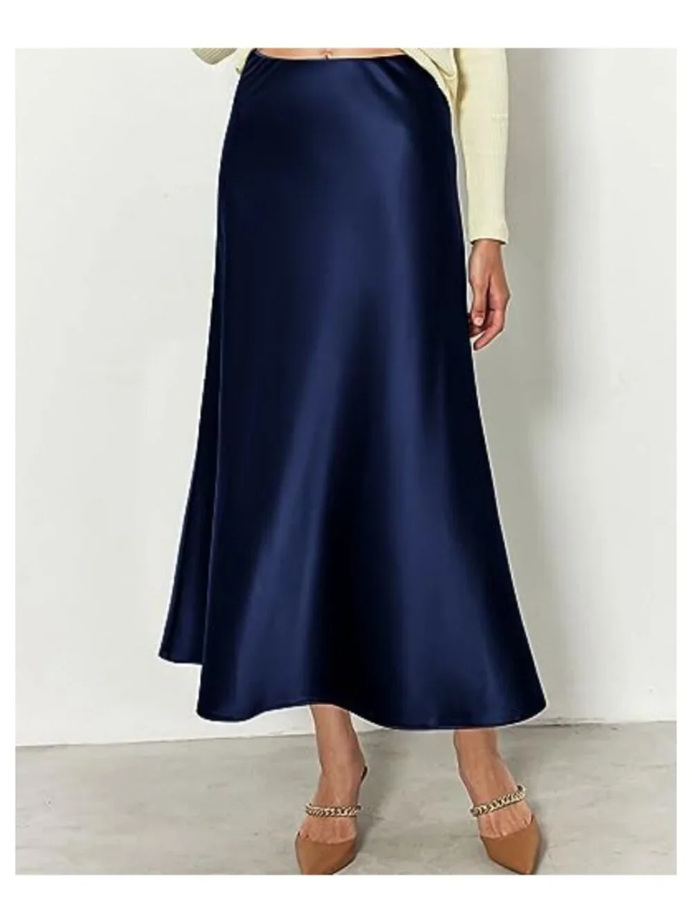 Flowy Satin A-Line Midi Skirt High Waist Elastic Ruffle Hem